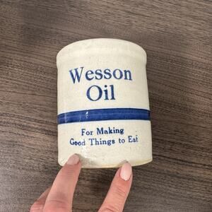 Vintage Wesson Oil Crock. Stoneware advertising jar antique kitchen decor